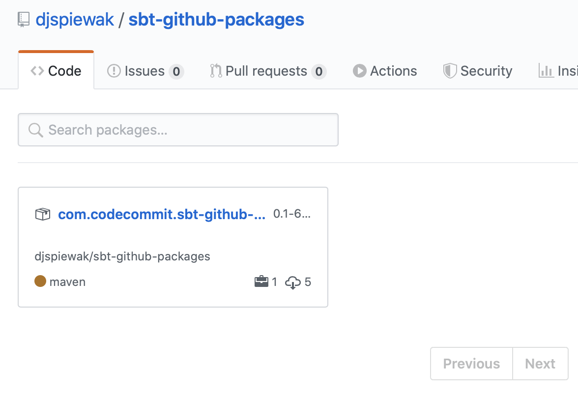 the packages page for sbt-github-packages, showing an example published artifact