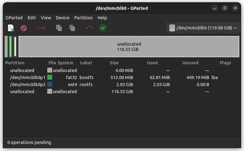 Partition schema of the SD card just after flashing it