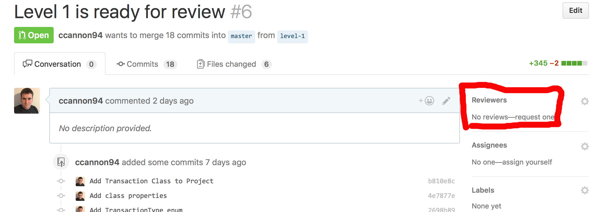 GitHub screenshot showing reviewer button