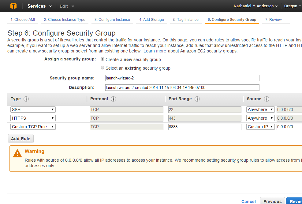 Configure Security Group - Create new security group; add 0.0.0.0/0 IP Address access at port 8888