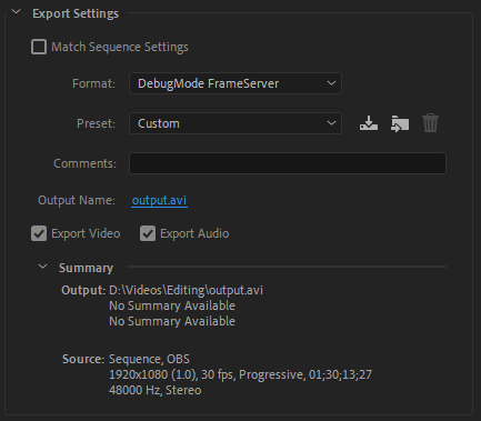 DebugMode Frameserver in Export Settings