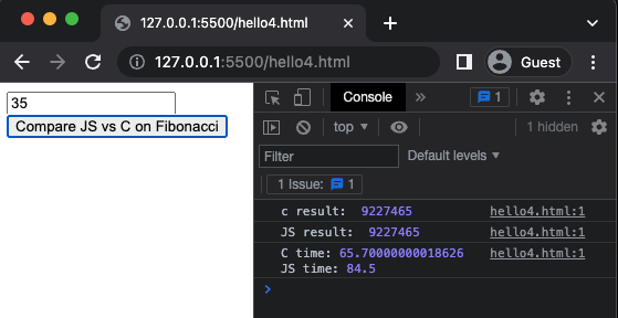 C vs JS on Fibonacci calculation with O2 compiler optimization flag