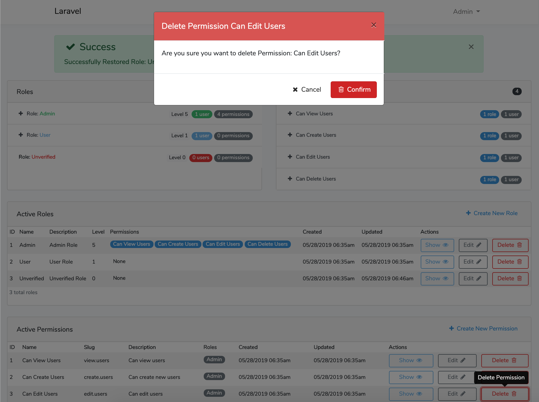 Laravel Roles GUI Delete Permission