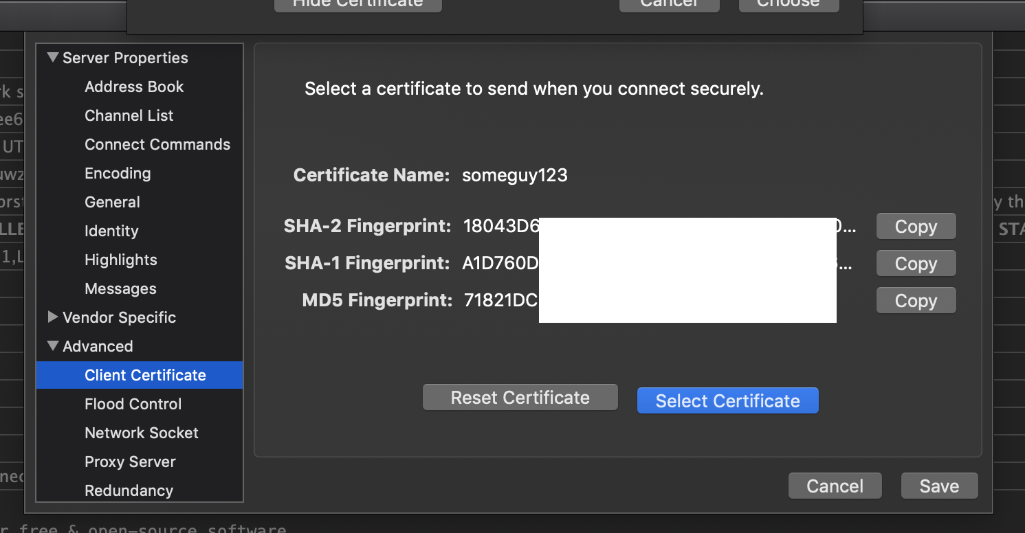 Screenshot of Textual Client Certificate tab