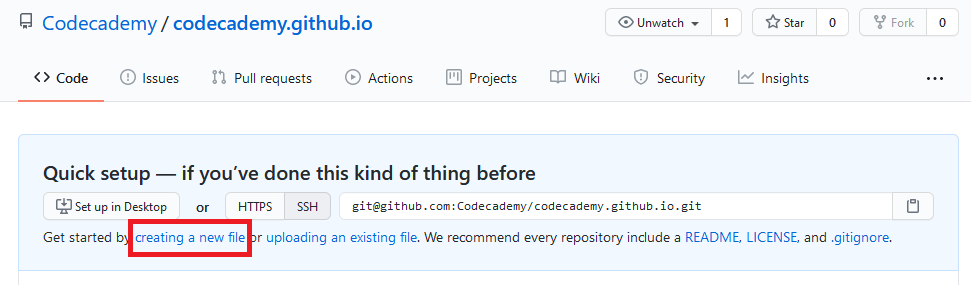 Screenshot of the repository page with a rectangle around the creating a new file link