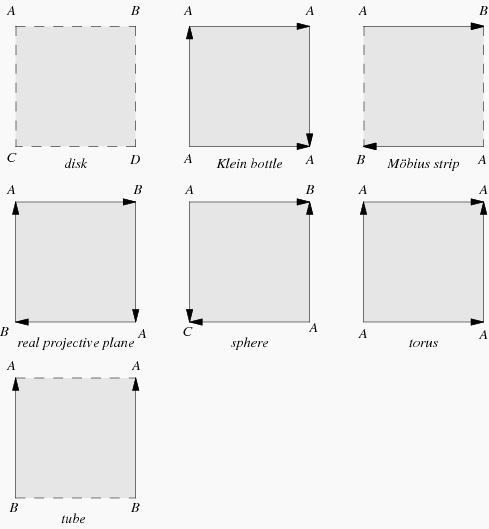 some identifications of the square that make different 2-dimensional spaces