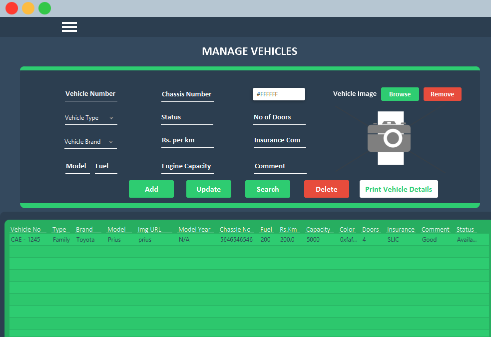 Manage Vehicle UI