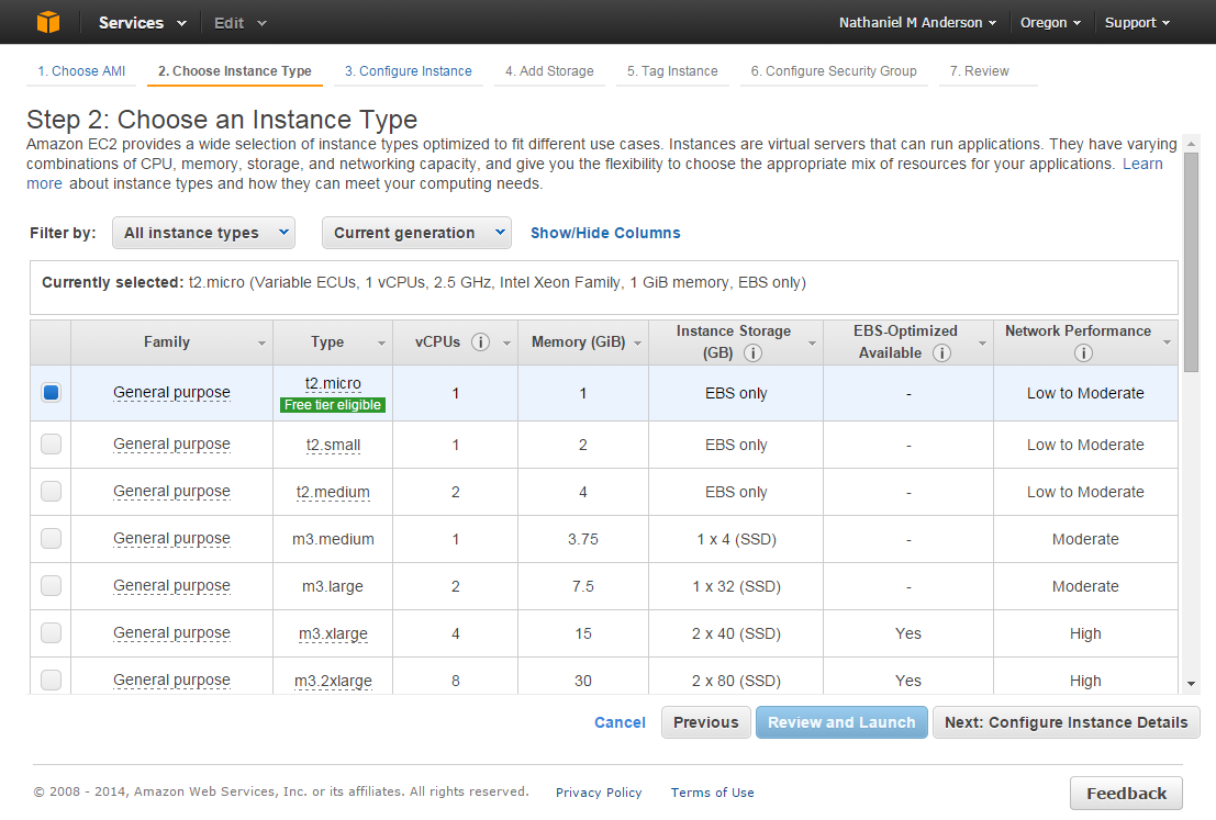 Choose Instance Type - t2.micro