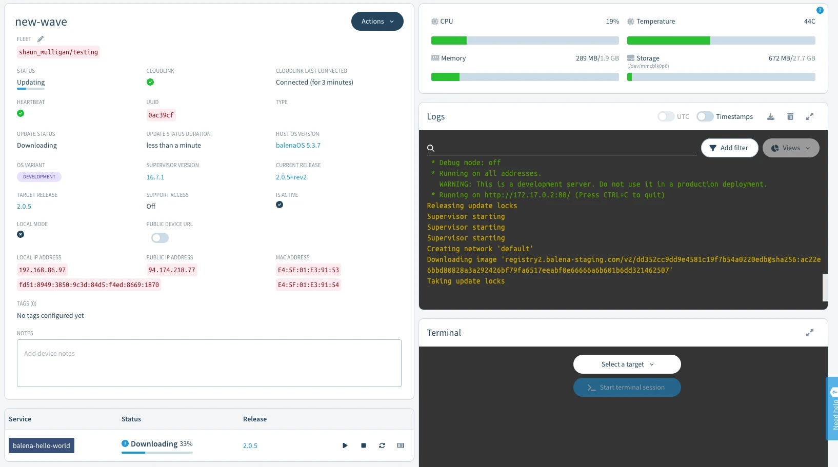 balena dashboard