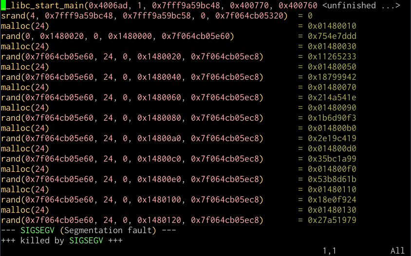 Vim session with ltrace output
