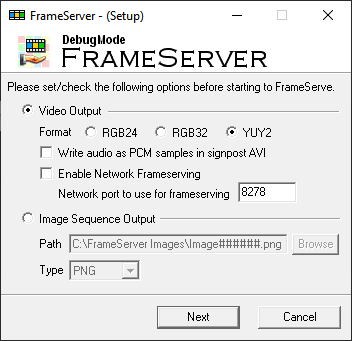 FrameServer setup window