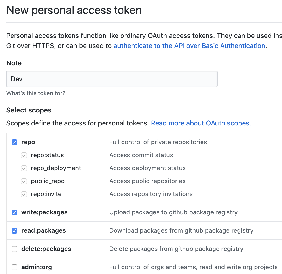 the new personal access token page with the above steps having been followed