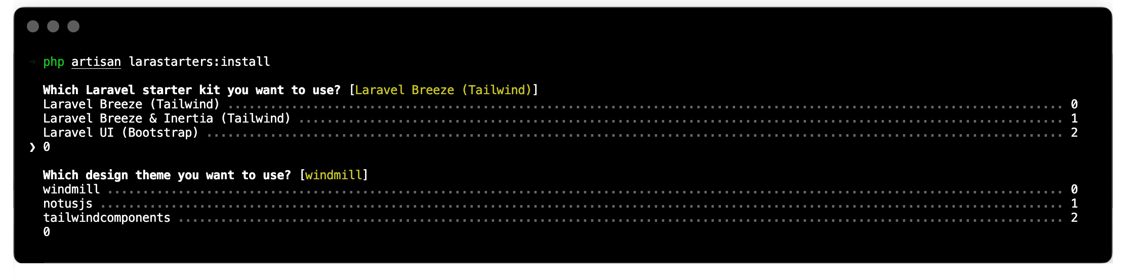 Larastarters Install