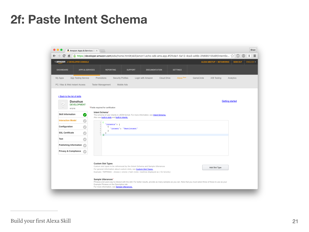 Step 2f: Paste Intent Schema