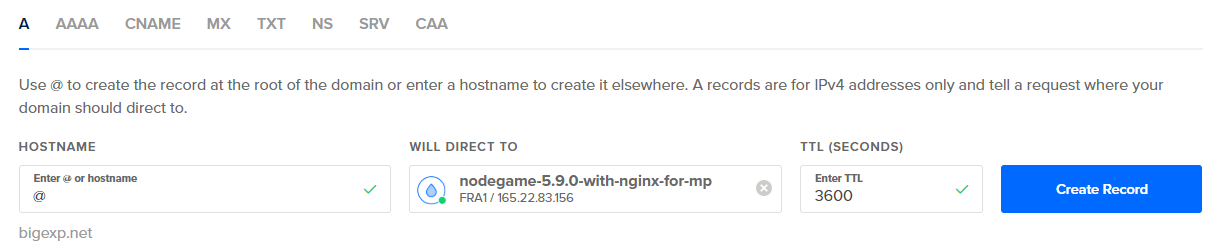 The Digital Ocean interface to add a new A DNS record.