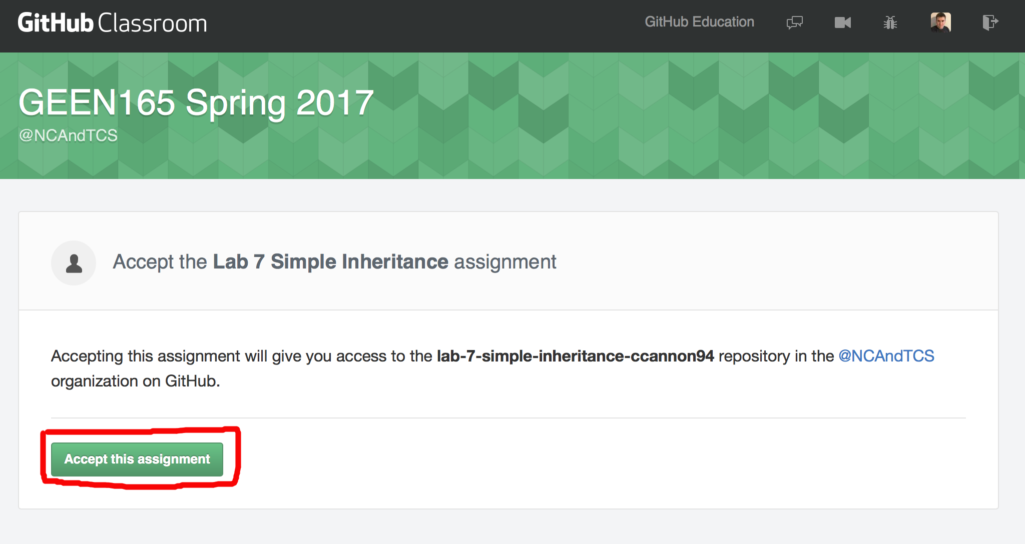 GitHub Classroom accept this assignment screenshot