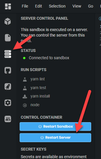 Codesanbox Restart Server Screen