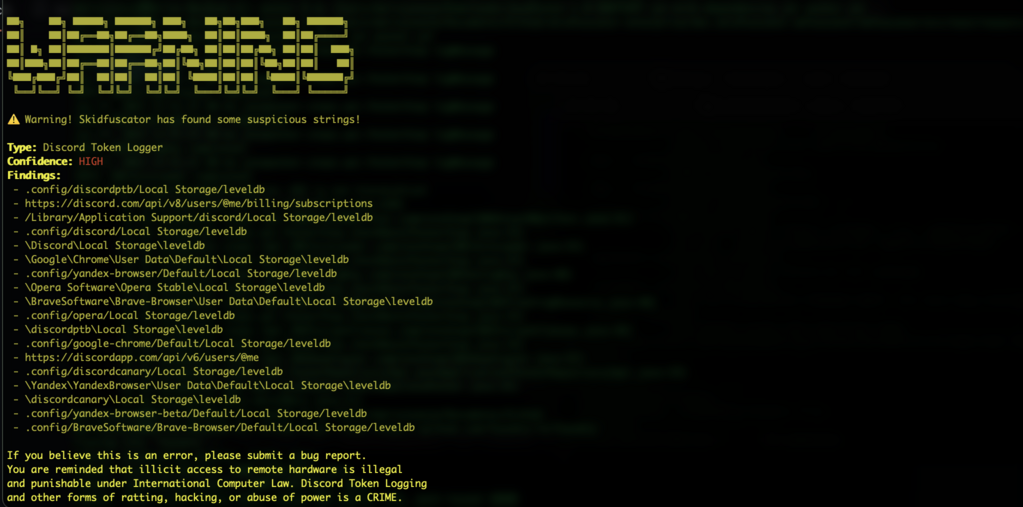 Skidfuscator warning against token loggers