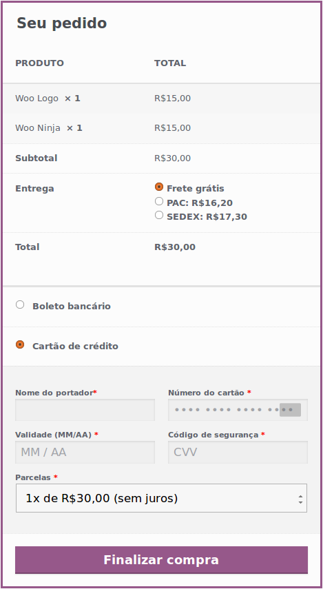 Exemplo de checkout com cartão de crédito e boleto bancário do Pagar.me no tema Storefront.