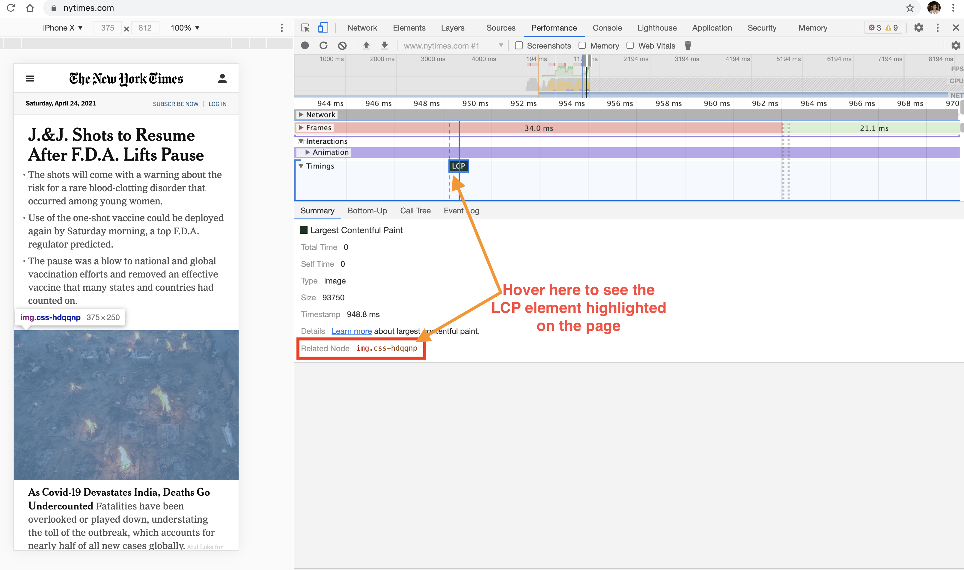 Performance panel to show eventual LCP element. Hover on the performance panel to higlight on the page