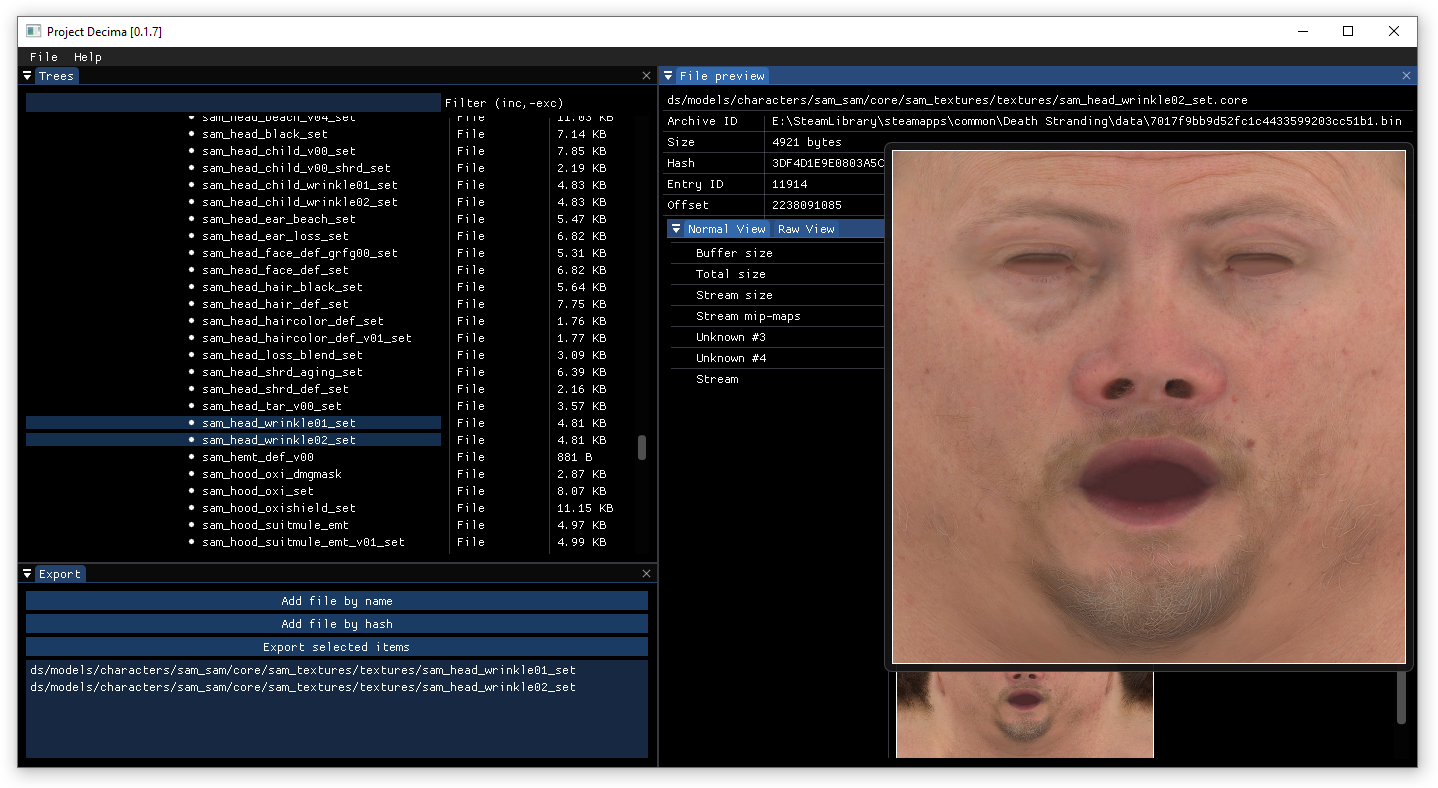 The program interface showing texture of Sam's face