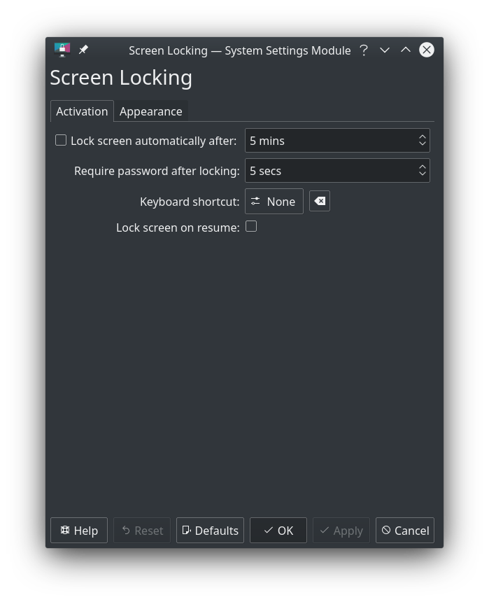 The options lock screen automatically after and lock screen on resume are unchecked