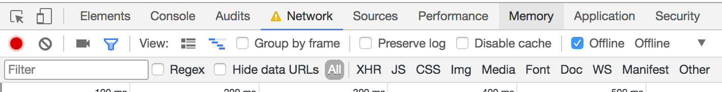 The offline checkbox in the Network tab is checked