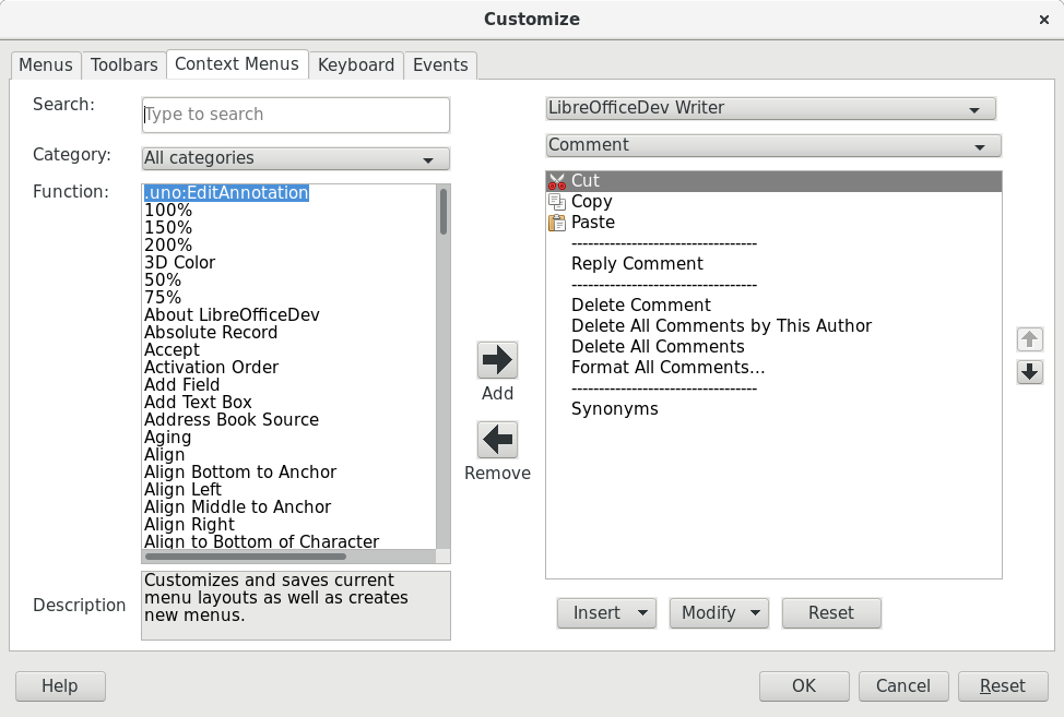 Context Menu tab of the new Customize dialog