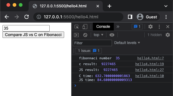 C vs JS on Fibonacci calculation without any compiler optimizations