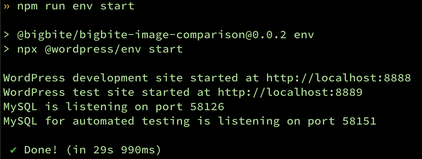 screenshot showing terminal output from wp-env