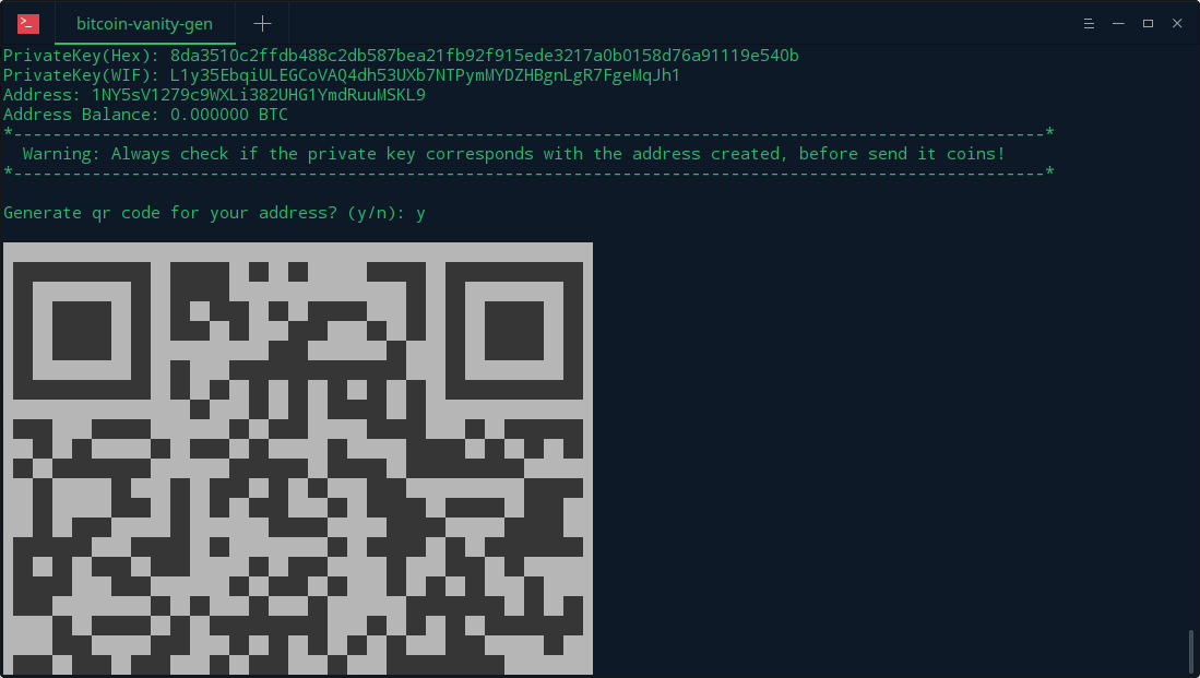 Screenshot of the address qrcodein the terminal