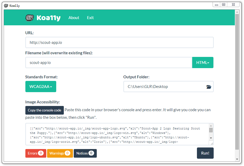 Screenshot of Koa11y