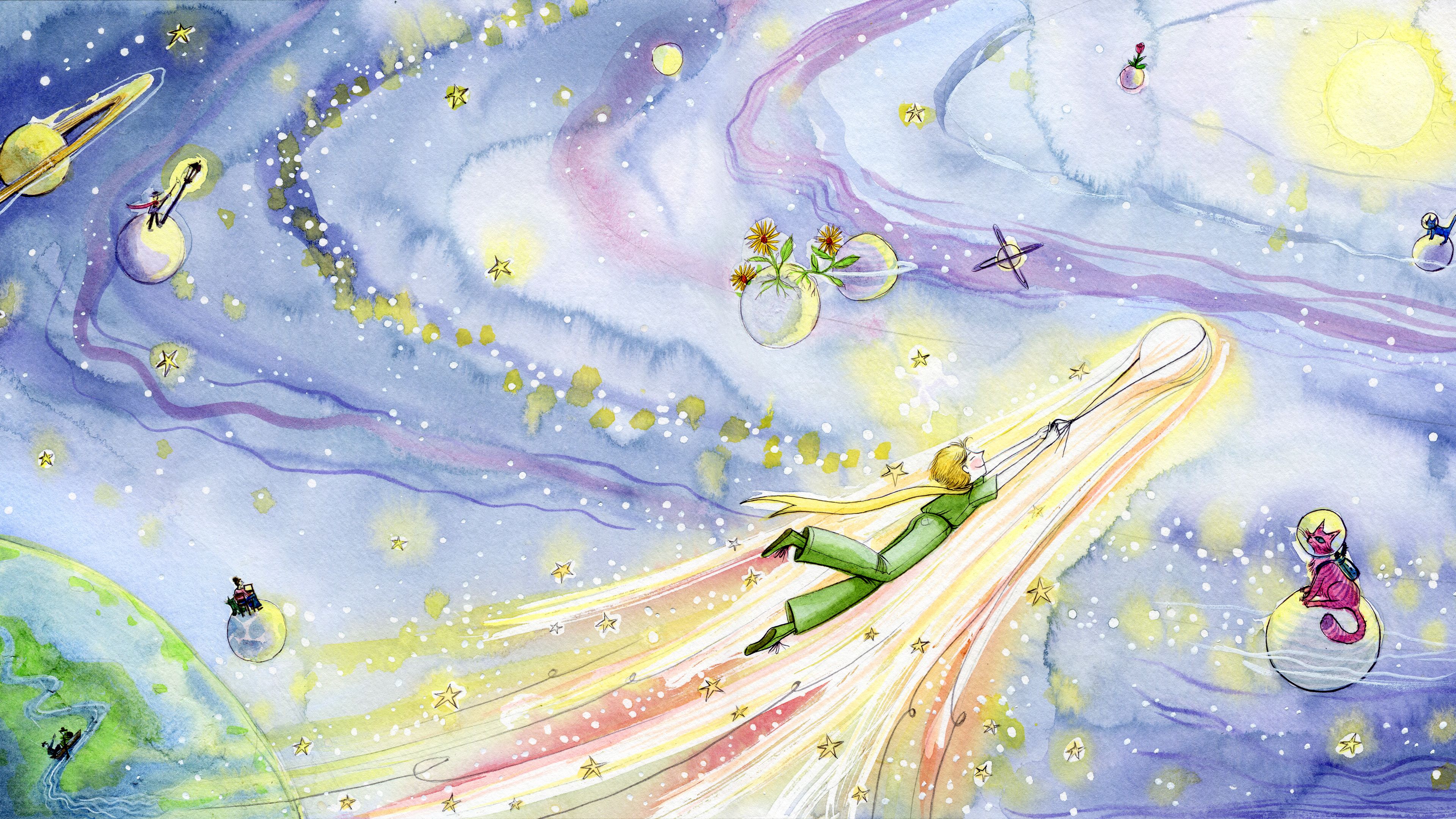 An illustration of The Little Prince flying through a multi-coloured cosmos of blues and purples towards the sun with a captured comet that’s emanating a tail of yellows and reds. Characters from previous projects can be seen on the planets around him, like the cats in Catts and Sherlock and Watson, who are in a boat on Earth, and Enola who is on the moon.