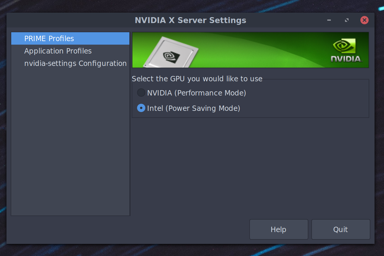 NVIDIA Panel that opens when you click in the indicator applet