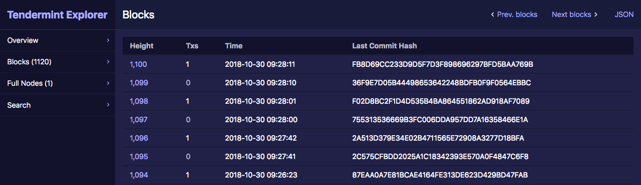 List of blocks in Tendermint Explorer