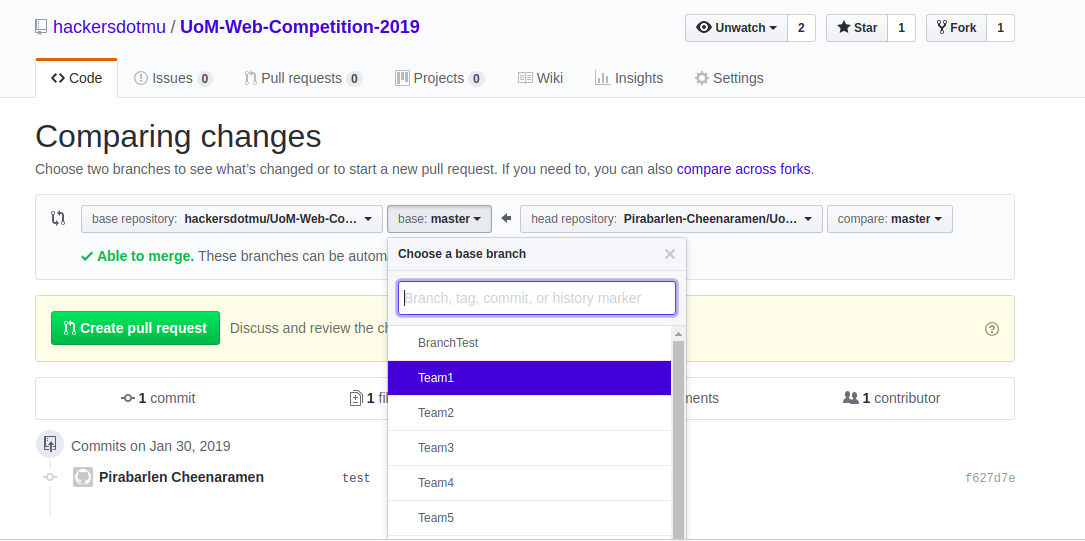 once you have finished your work, submit a pull request to the competition's repo on hackersdotmu in your team's branch