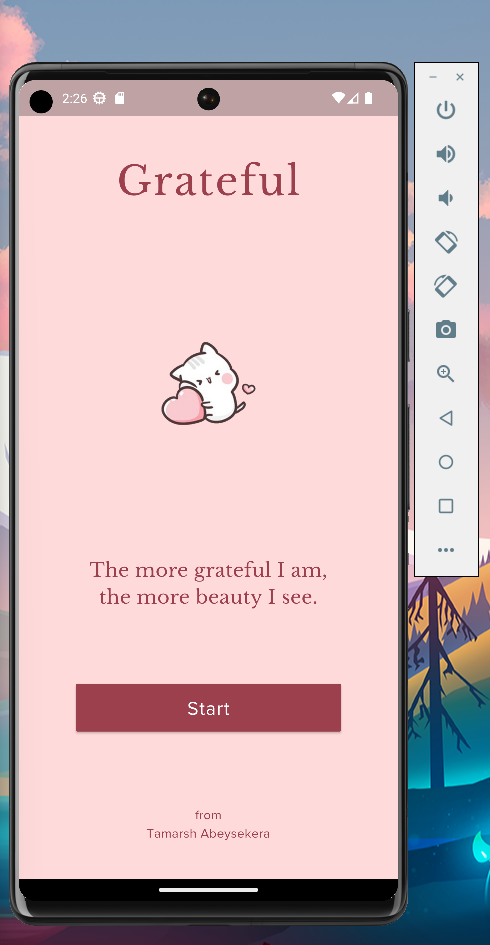 Grateful's StartScreen in an Android emulator.