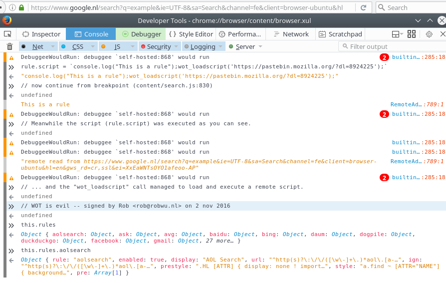 Screenshot of debugger