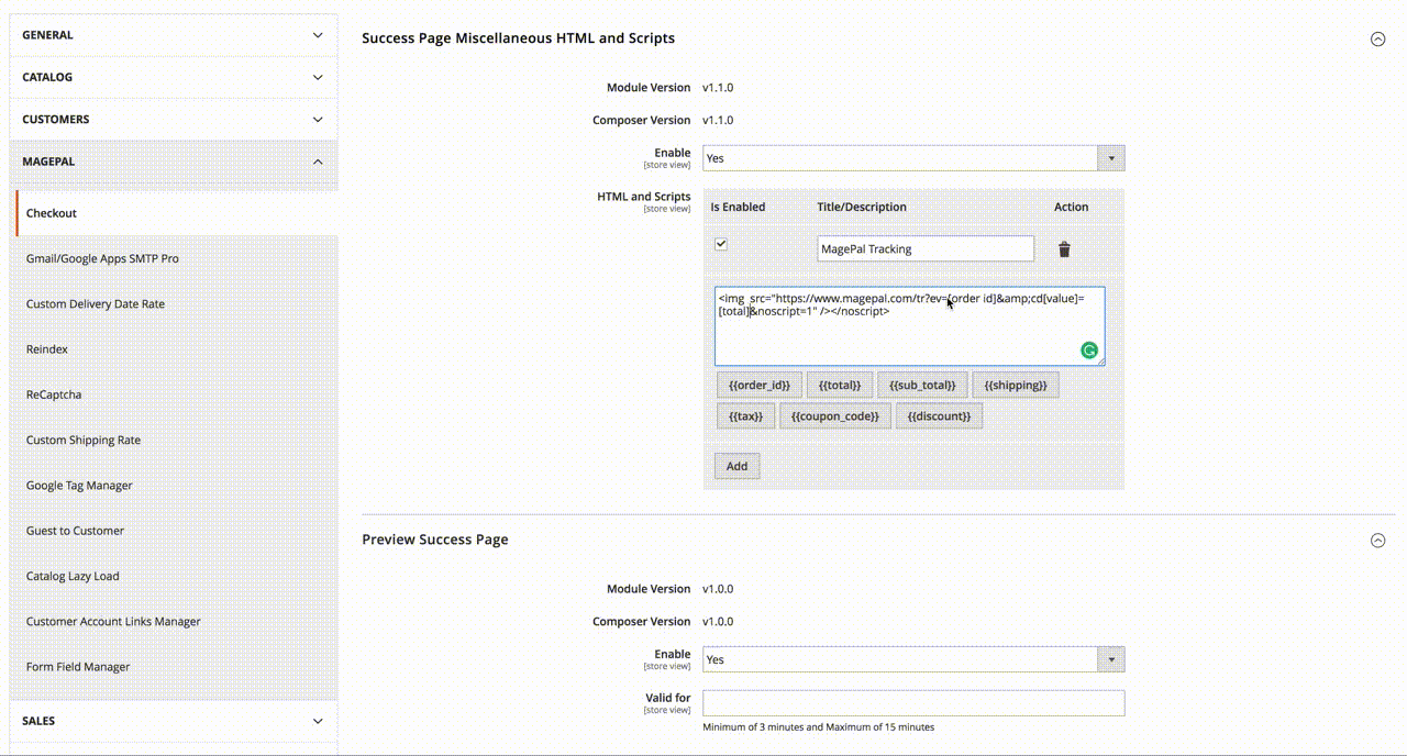 success page miscellaneous html and scripts