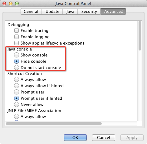 Java Web Start Console Setting