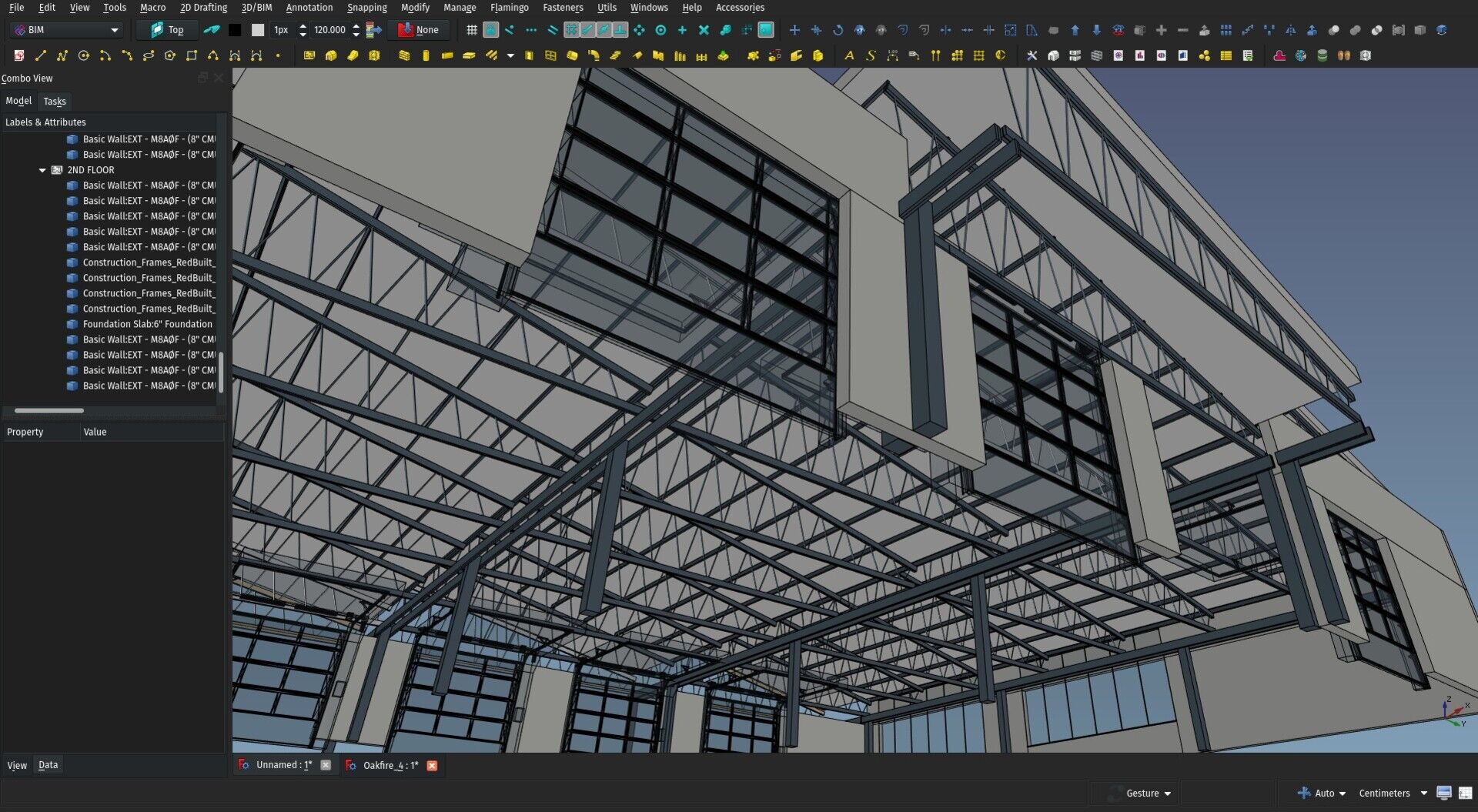 screenshot of the FreeCAD 3D view showing a building being modelled