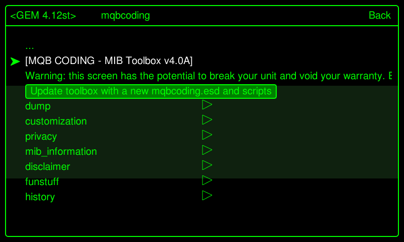 The MQB Coding toolbox menu