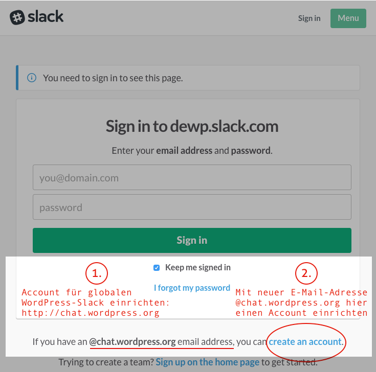 Anmeldung für dewp.slack.com in zwei Schritten