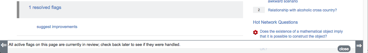 Waffle bar notice reading "All active flags on this page are currently in review; check back later to see if they were handled."