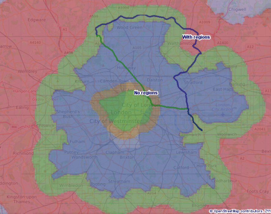 Speed regions shown for London built with 100m tolerance and a route superimposed with and without the regions.