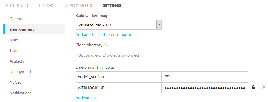 Add environment variable in AppVeyor