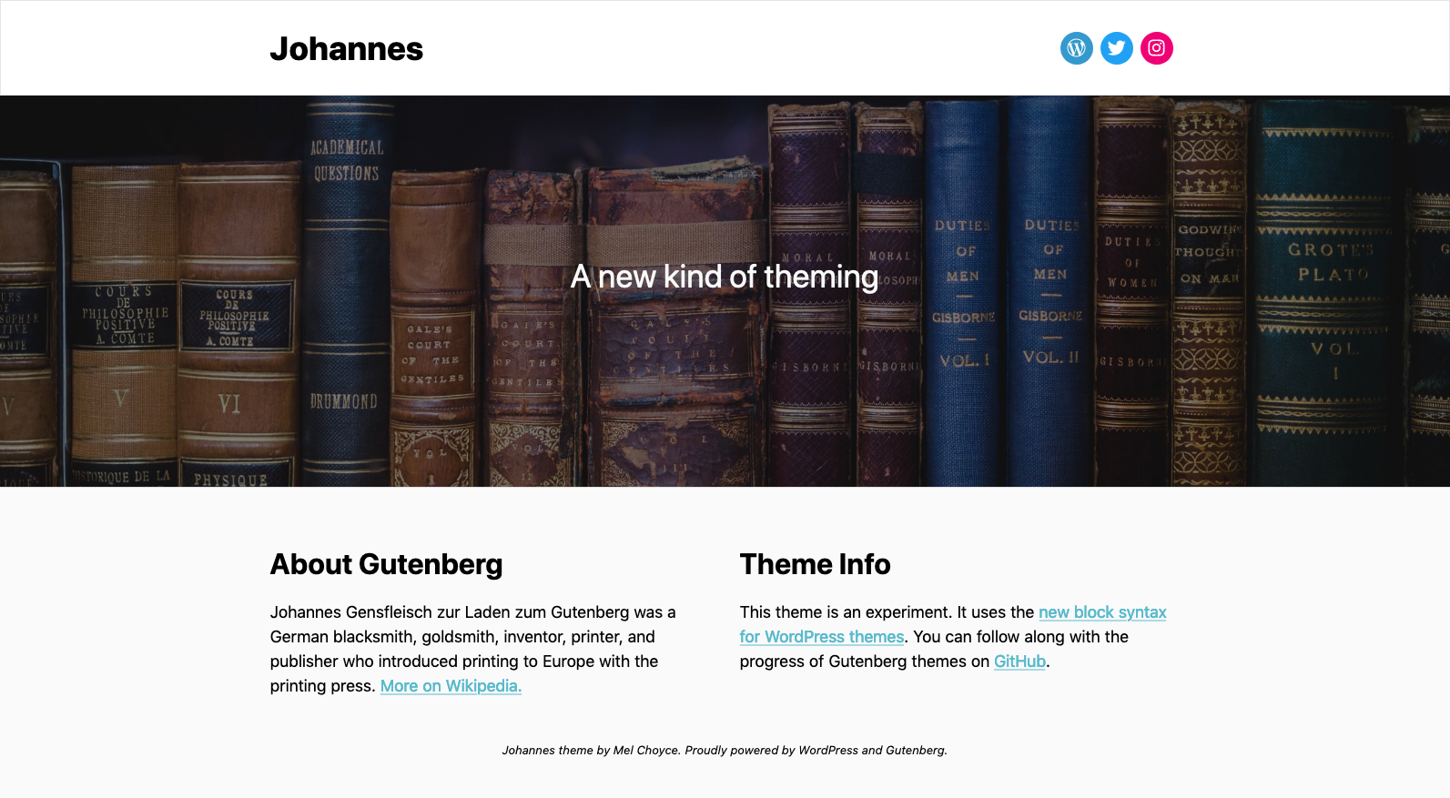 A screenshot of the Johannes theme, which features a logo and social menu in the header, a cover block, and then two columns in the footer.