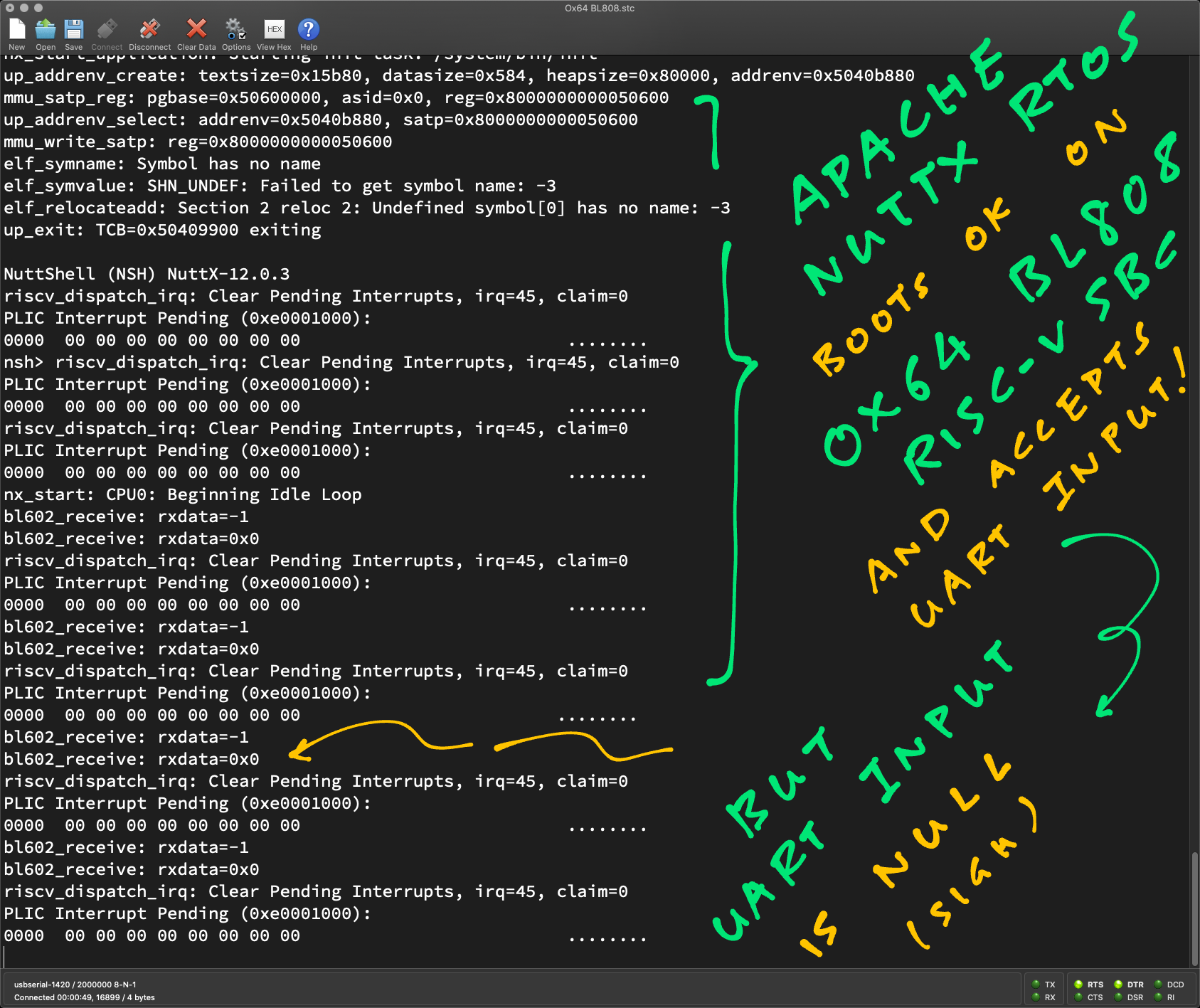 NuttX boots OK on Ox64 BL808! But UART Input is null