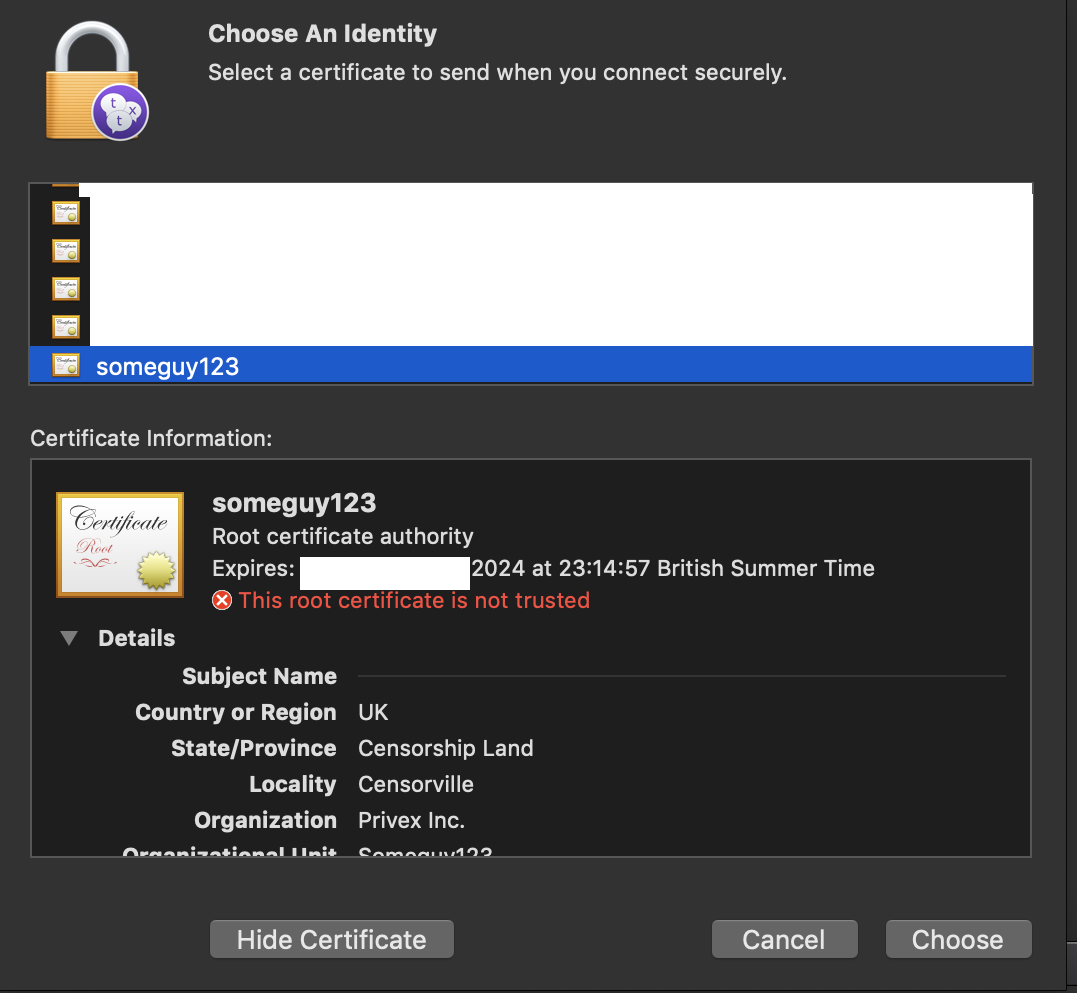 Screenshot of Textual Choose an Identity certificate prompt