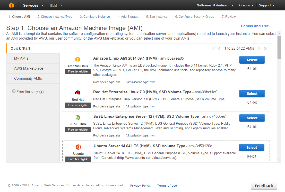 Choose AMI - Ubuntu Server 14.04 LTS (HVM), SSD Volume Type